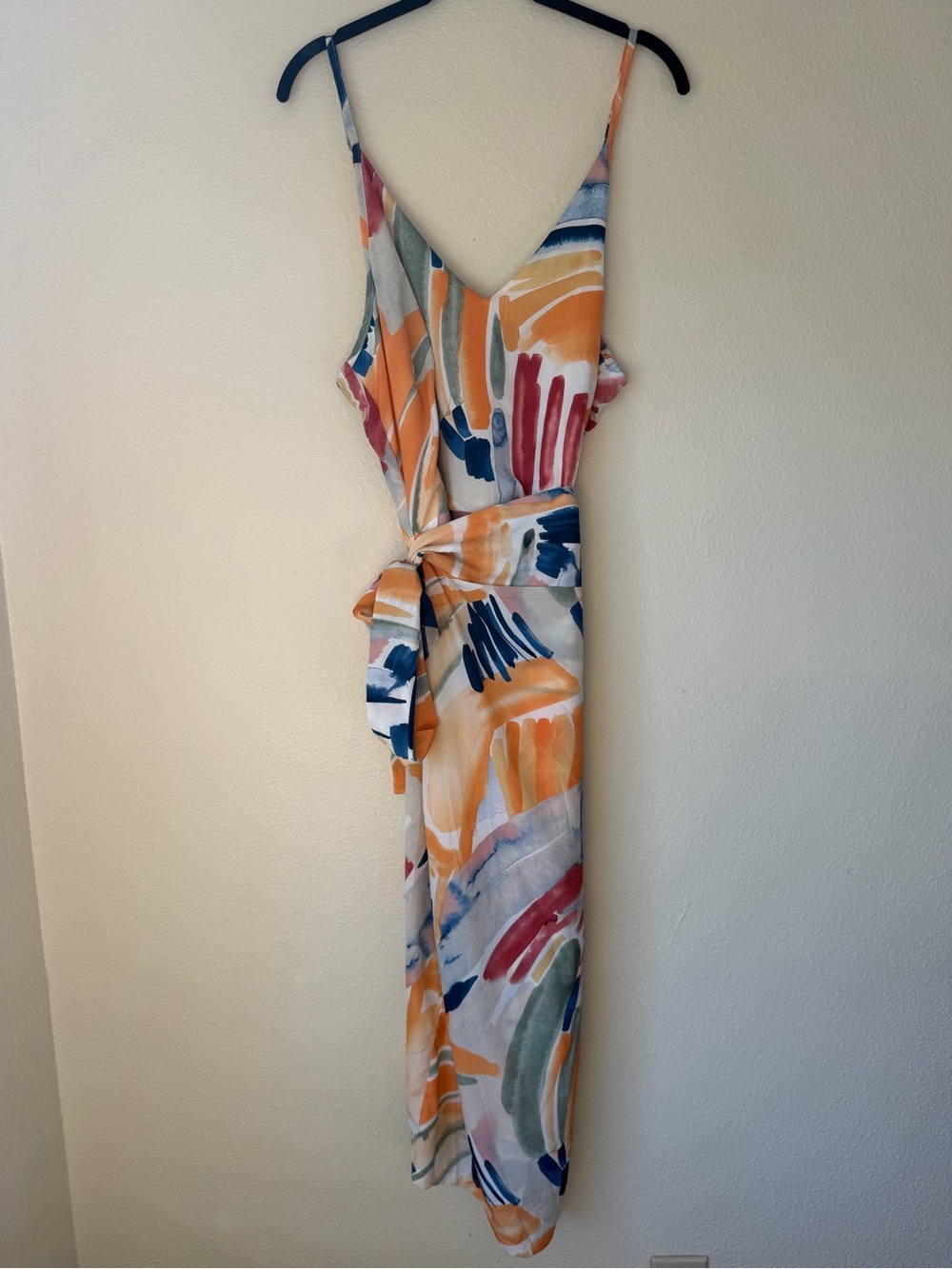 Abstract Watercolor Spaghetti Strap Midi Wrap Dress, Size XL